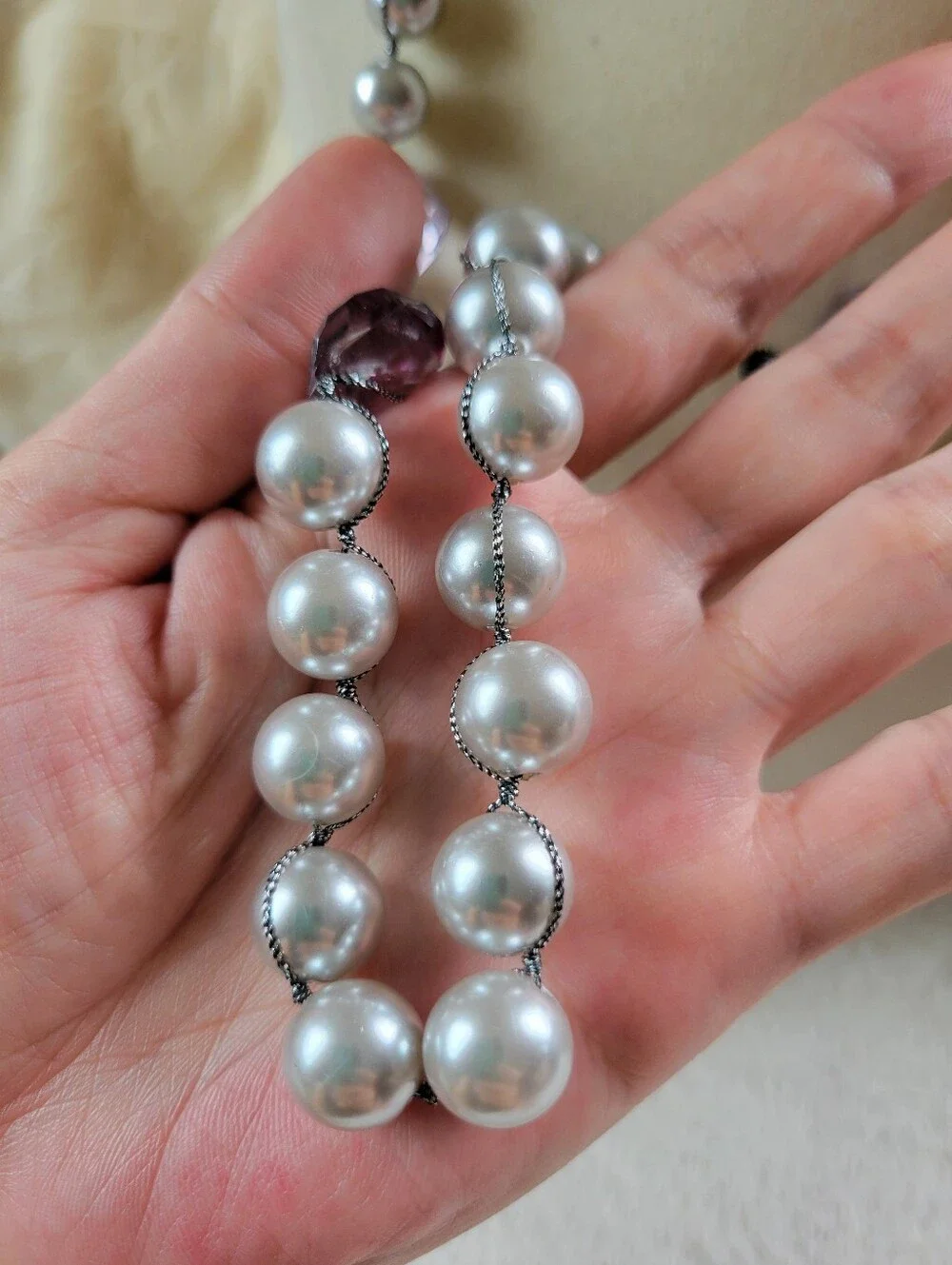 LOFT | Long Elegant Silver Tone Lavender Crystal & Faux Pearl Necklace - Picture 9 of 9